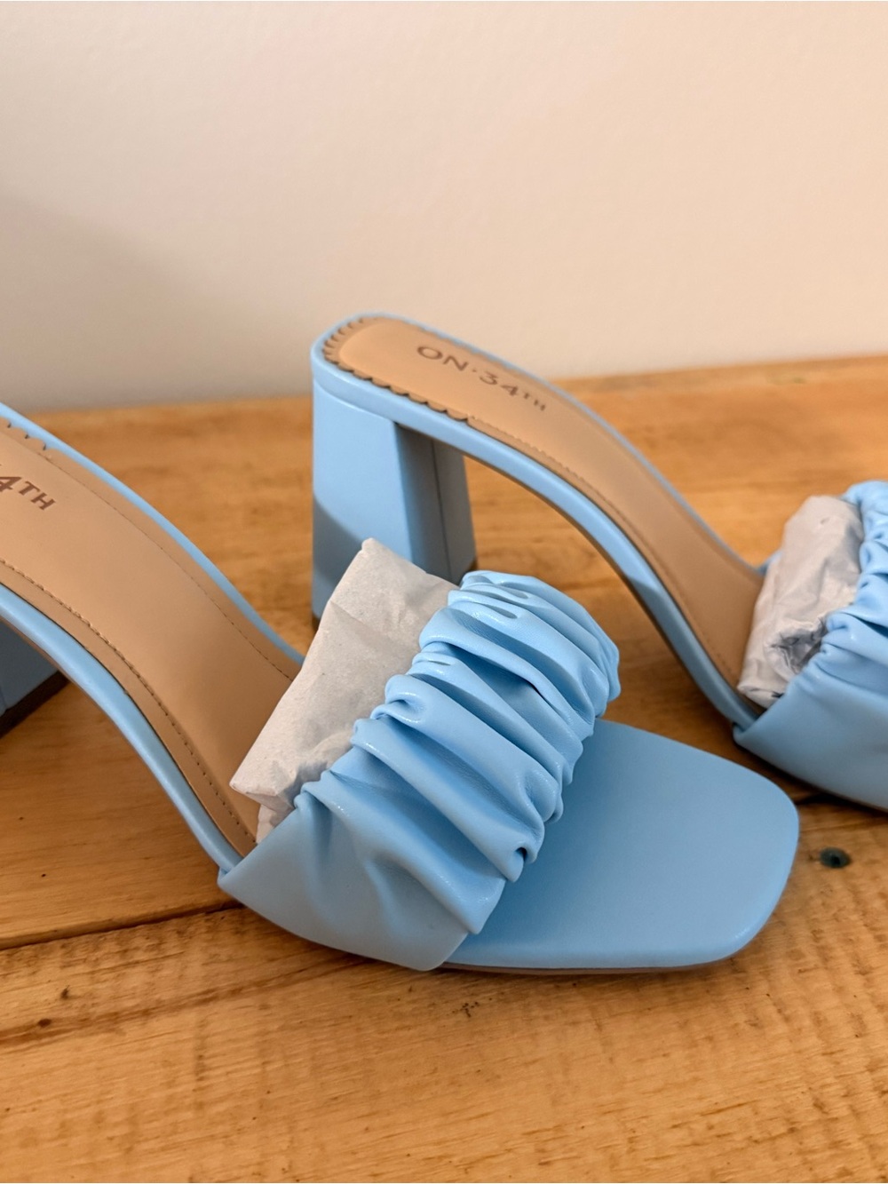 Light Blue Ruched Block Heel Sandals by On 34th
